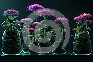 botanical wonder: luminous flask amidst lush darkness photo