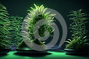 botanical wonder: luminous flask amidst lush darkness photo