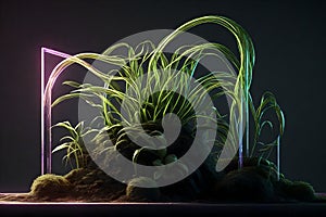 botanical wonder: luminous flask amidst lush darkness photo