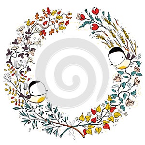 Botanical wreath illustration with tit birds