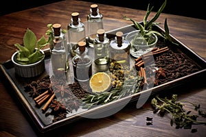 botanicals and spices for gin-making on a tray