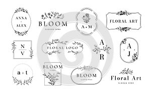 Botanique emblem collection. Floral frames, monogram with blooming flowers and elegant branches. Wedding invitation