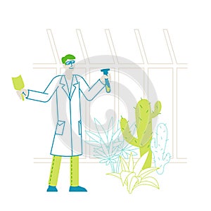 Botanist Scientist Character in Greenhouse with Shovel and Test Tube Learning Exotic and Rare Plants Species photo