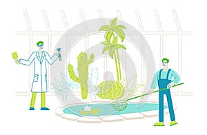 Botanist Scientist with Test Tube and Gardener Character with Net Learning Exotic Rare Plants Species in Greenhouse
