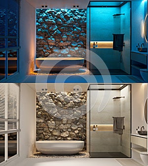 A bathroom with different ambiances achieved by changing the color of the lighting