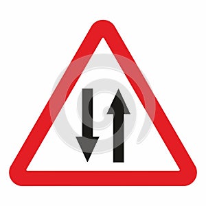 Both way traffic, road sign A9, red triangular frame, eps.