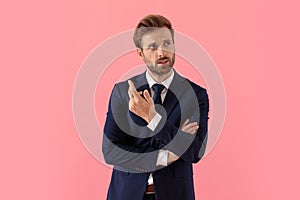 Bothered businessman talking and explaining, gesturing