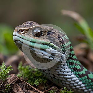 Bothriechis Marchi Interacting with Its Environment Coiled Near a Small Mammal or Bird photo