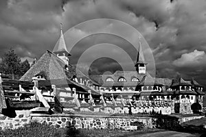 Botiza monastery detailed wood craft architecture Maramures Romania.