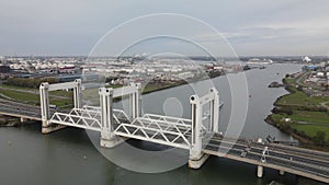 Botlekbrug aerial view lifting bridge for road and rail traffic over the Oude Maas in the Rotterdam port area. Dutch