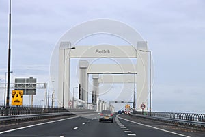 Botlekbrug, concrete vertical lift bridge on motorway A15 in the Port of Rotterdam