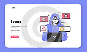 Botnet web banner or landing page. Network of computers infected