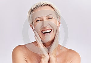 Botox, menopause and anti aging woman in beauty, skincare or face wash portrait in a studio. Plastic surgery photo