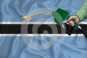 BOTSWANA flag Close-up shot on waving background texture with Fuel pump nozzle in hand. The concept of design solutions. 3d