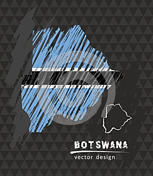 Botswana national vector map with sketch chalk flag. Sketch chalk hand drawn illustration
