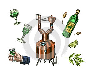 Bottle of Absinthe Glass shot. Woman holding a toast drink. Pot Swan necked copper stills distillery for making alcohol