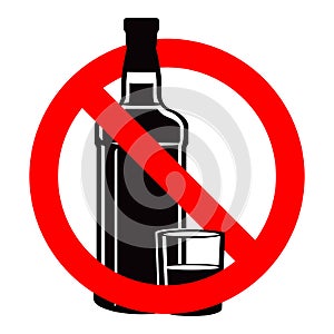 Bottle of alcohol drink and stemware in no allowed sign