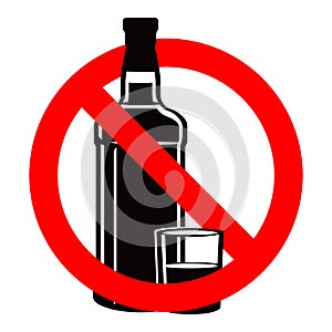 Bottle of alcohol drink and stemware in no allowed sign photo