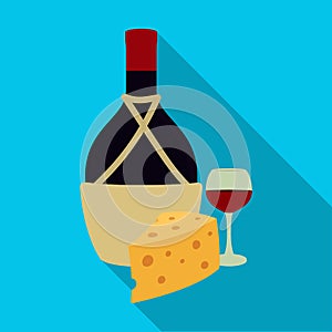 A bottle of alcohol, wine in a glass and cheese. Alcohol single icon in flat style vector symbol stock illustration web.