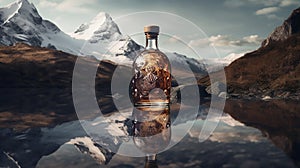 The bottle of alkohol stands on a peeking surface, in which the mountain snowy peaks are reflected,
