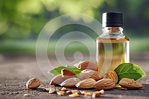 A bottle of Almond oil and almonds nuts isolated on table,Generative AI