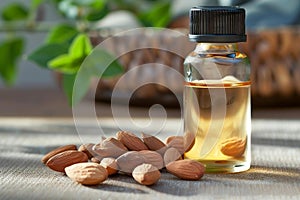 bottle of Almond oil and almonds nuts  on table, Generative AI