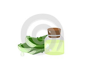 Bottle of aloe vera essential oil extract with aloevera leaf