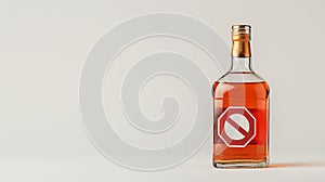 A bottle with amber liquid and a no symbol on the label, against a white background