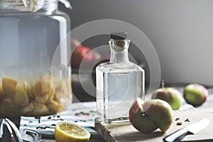 Bottle of apple cider vinegar on rustic background