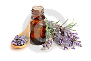 Bottle with aroma oil and lavender flowers isolated on white background