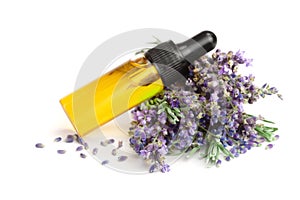 Bottle with aroma oil and lavender flowers isolated on white background