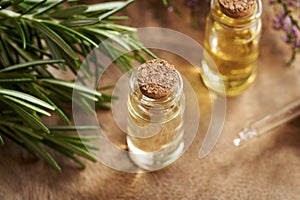 A bottle of aromatherapy essential oil with fresh rosemary twigs