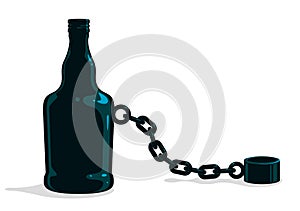 Bottle as a weight on shackles chain to leg alcoholism metaphor vector trendy design of social advertising poster or banner,
