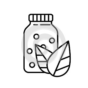 Bottle with balls and two leaves icon. Thin line art herbal medicine logo. Black simple illustration. Contour isolated vector