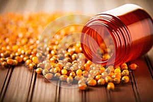bottle of bee pollen capsules against a honeycomb pattern