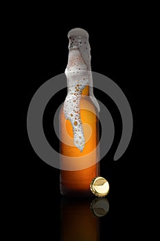 Bottle of beer on a black background with froth