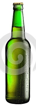 Bottle of beer with drops on white background. The file contains