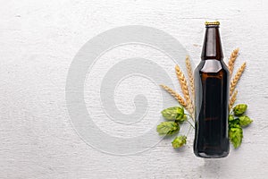 A bottle of beer, hops and grain. Top view.