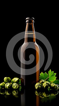 A bottle of beer next to a bunch of hops