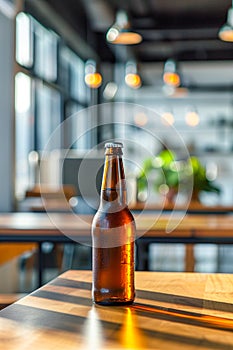 A bottle of beer sits on a table in a restaurant