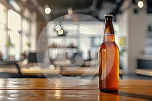 A bottle of beer sits on a wooden table in a dimly lit room