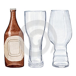 bottle of beer with two empty glasses for beer