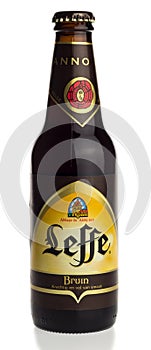 Bottle of Belgian Leffe Bruin beer