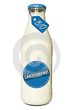 Bottle Of Bio Milk With Blue Lid - German Label For Lactose Free - Isolated On White Backround