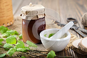 Bottle of birch salve, balm or tar oil, birch leaves, mortar on wooden table. Alternative medicine