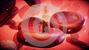 Bottle and blood cell inside human body. harm of alchohol concept. Realistic 4k animation.