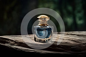 A bottle of blue perfume in an outdoor setting sitting on a wood. Ai generated