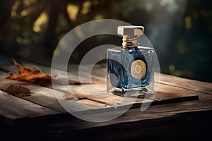 A bottle of blue perfume in an outdoor setting sitting on a wood. Ai generated