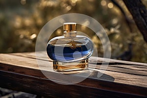 A bottle of blue perfume in an outdoor setting sitting on a wood. Ai generated