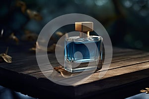 A bottle of blue perfume in an outdoor setting sitting on a wood. Ai generated